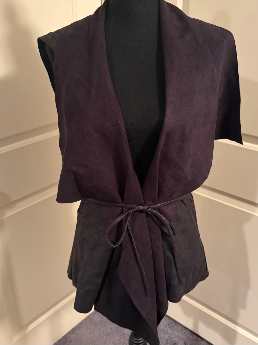 Fate Open-Front Sleeveless Drape Vest in Deep Plum